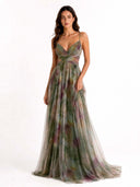 Elegant Painted Floral Print V-Neck A-Line Maxi Dress