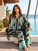 Elegant Abstract Print Satin Shirt & Wide Leg Pants Set