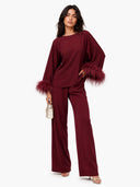 Elegant Feather-Trim Batwing Top & Pants Two-Piece Set