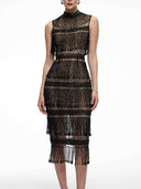 Beaded Fringe High Neck Midi Dress