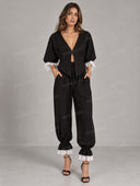 Elegant Lace Trim Blazer & Ruffle Hem Pants Set