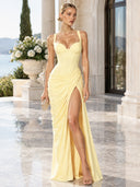 Ruched Spaghetti Strap Slit Maxi Dress
