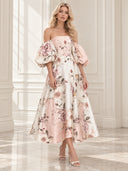 Elegant Floral Print Off-Shoulder Puff Sleeve Midi Dress