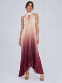 Elegant Ombre Pleated Halter Keyhole Maxi Dress