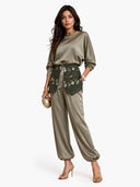 Retro Embroidered Waist Belt Satin Shirt & Harem Pants Set