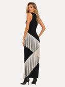 Elegant Asymmetrical Fringe Trim Bodycon Maxi Dress