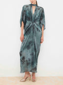 Elegant Floral Print Draped Kaftan Maxi Dress
