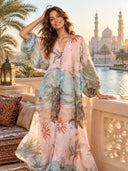 Retro Tropical Ship Print Sheer Chiffon Blouse