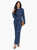 Boat Neck Pleated Slim Fit Maxi Dress