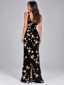Elegant Velvet Floral Print Cutout Waist Maxi Dress