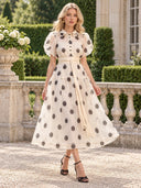 Elegant Polka Dot Organza Puff Sleeve Midi Dress