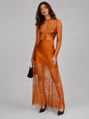 Sexy Lace-Trim Satin Long-Sleeve Maxi Dress