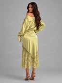 Elegant Satin Off Shoulder Blouse & Lace Midi Skirt Set