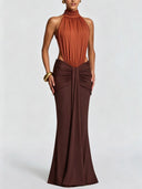 Elegant Ruched Halter Neck Cutout Maxi Dress