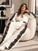 Casual Contrast Lace Bomber Jacket & Wide Leg Pants Two Piece Set