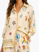 Unique Satin Hand-Painted Watercolor Print Lapel Button Shirt Two-Piece Set