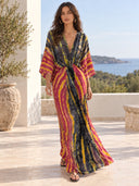 V-Neck Printed Slit Streamer Design Maxi Dress