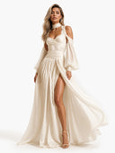 Elegant Off-Shoulder Puff Sleeve High-Slit Flowing Maxi Dress