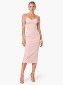 Elegant Sweetheart Neck Mesh Sleeve Bodycon Midi Dress