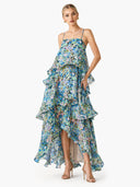 Elegant Vibrant Floral Print Tiered Ruffle Maxi Dress