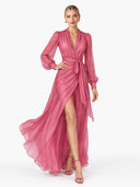 Elegant Pearl-Embellished Chiffon V-Neck Tie-Waist Maxi Dress