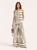 Tropical Leaf Print Sleeveless Two-Piece Wide Leg Set