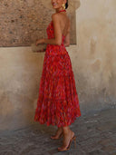 Elegant Halter Neck Abstract Print Tiered Maxi Dress