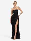 Strapless Pleated Slit Maxi Dress