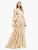 Elegant Pleated Flowy Long-Sleived Maxi Dress