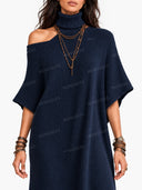Asymmetric Off-Shoulder Turtleneck Knit Maxi Dress