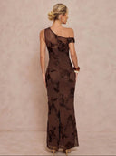 Elegant Floral Embroidered Mesh One-Shoulder Maxi Dress