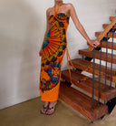 Printed Halter Ruched Tassel Dress