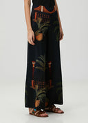 Exquisite Open Back Paulownia Palm Print Satin Two Piece Suit