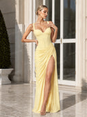 Ruched Spaghetti Strap Slit Maxi Dress