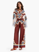 Retro Print Satin Feather Trim Top & Wide-Leg Pants Two-Piece Set