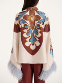 Retro Print Satin Feather Trim Top & Wide-Leg Pants Two-Piece Set