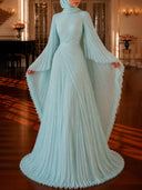 Elegant Pleated High-Neck Cape Sleeve Chiffon Maxi Dress