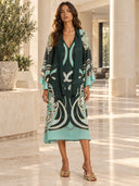 Elegant Geometric Print Chiffon Shawl Midi Dress