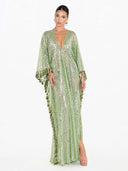 Sequin Deep V-Neck Fringe Kaftan Maxi Dress