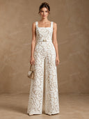 Exquisite Floral Jacquard Belted Wide Leg Jumpsuit