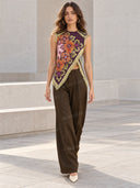 Unique Retro Floral Print Tassel Vest Two-Piece Set