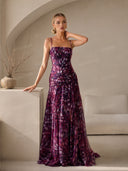 Elegant Abstract Print Ruched Spaghetti Strap Maxi Dress