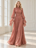 Elegant Pleated Flowy Long-Sleived Maxi Dress