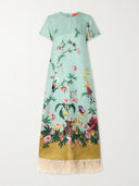 Retro Chic Printed Feather Trim Maxi Dress
