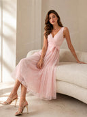 Elegant V-Neck Lace Embroidered Tie-Front Midi Dress