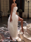 Elegant Strapless Feather Trim High Slit Satin Party Maxi Dress