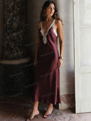 Elegant Satin Lace-Trim Deep V-Neck Midi Dress