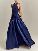 Elegant Halter Top & Draped Satin Maxi Skirt Two-Piece Set