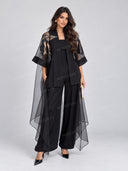 Sheer Embroidered Kimono Wide Leg Pants Three Piece Set