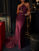 Elegant Halter-neck Draped Satin Train Maxi Dress
